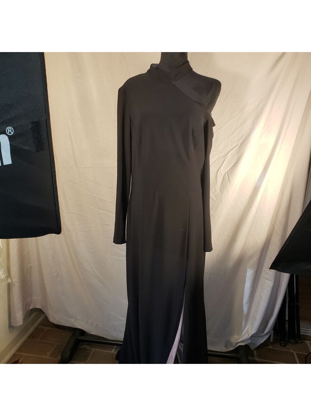 Xscape Black One-Shoulder Long Sleeve Evening Gown